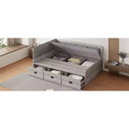 Full Size L-Shaped Daybed with Storage, Upholstered Backrest, 3 Drawers & Shelves, Sofa Bed for Living Room or Bedroom, Grey