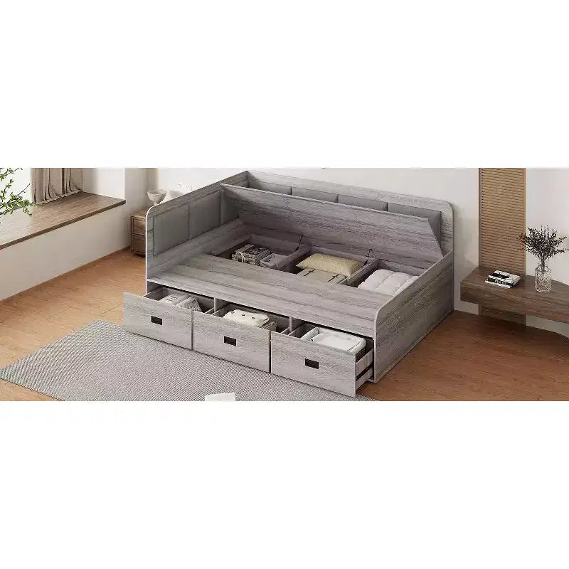 Full Size L-Shaped Daybed with Storage, Upholstered Backrest, 3 Drawers & Shelves, Sofa Bed for Living Room or Bedroom, Grey