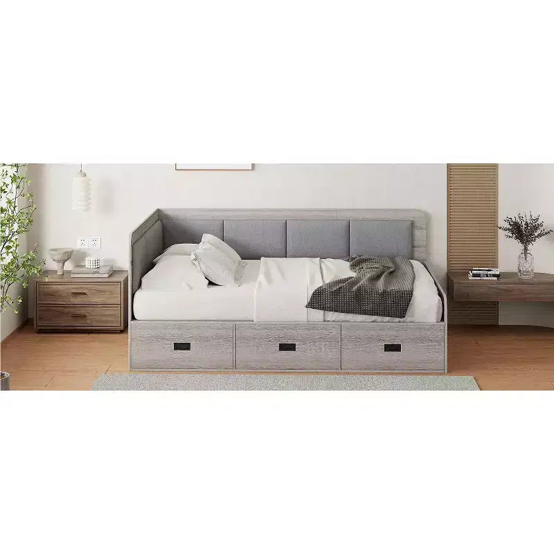 Full Size L-Shaped Daybed with Storage, Upholstered Backrest, 3 Drawers & Shelves, Sofa Bed for Living Room or Bedroom, Grey