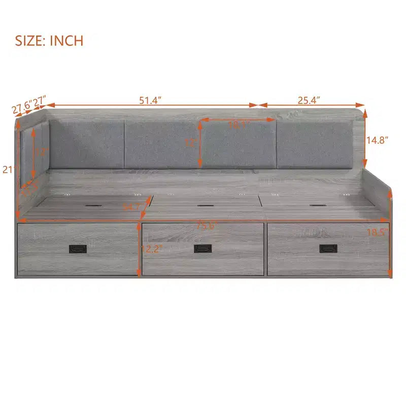 Full Size L-Shaped Daybed with Storage, Upholstered Backrest, 3 Drawers & Shelves, Sofa Bed for Living Room or Bedroom, Grey