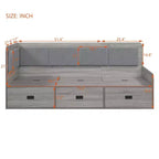 Full Size L-Shaped Daybed with Storage, Upholstered Backrest, 3 Drawers & Shelves, Sofa Bed for Living Room or Bedroom, Grey