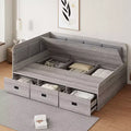 Full Size L-Shaped Daybed with Storage, Upholstered Backrest, 3 Drawers & Shelves, Sofa Bed for Living Room or Bedroom, Grey