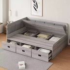 Full Size L-Shaped Daybed with Storage, Upholstered Backrest, 3 Drawers & Shelves, Sofa Bed for Living Room or Bedroom, Grey