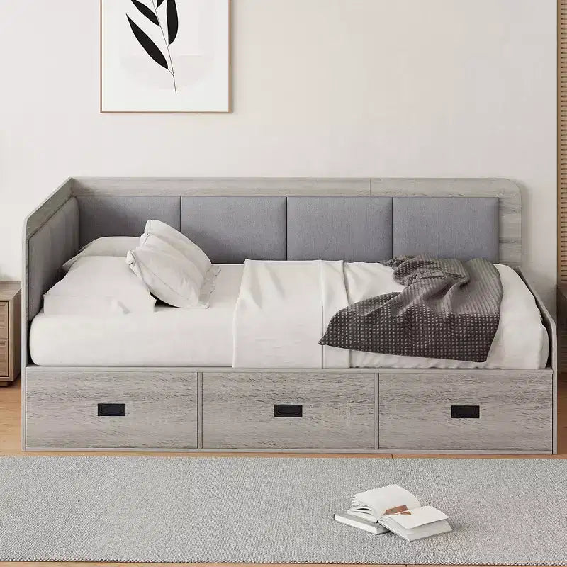 Full Size L-Shaped Daybed with Storage, Upholstered Backrest, 3 Drawers & Shelves, Sofa Bed for Living Room or Bedroom, Grey