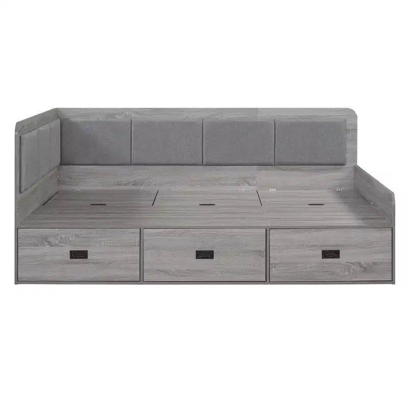 Full Size L-Shaped Daybed with Storage, Upholstered Backrest, 3 Drawers & Shelves, Sofa Bed for Living Room or Bedroom, Grey