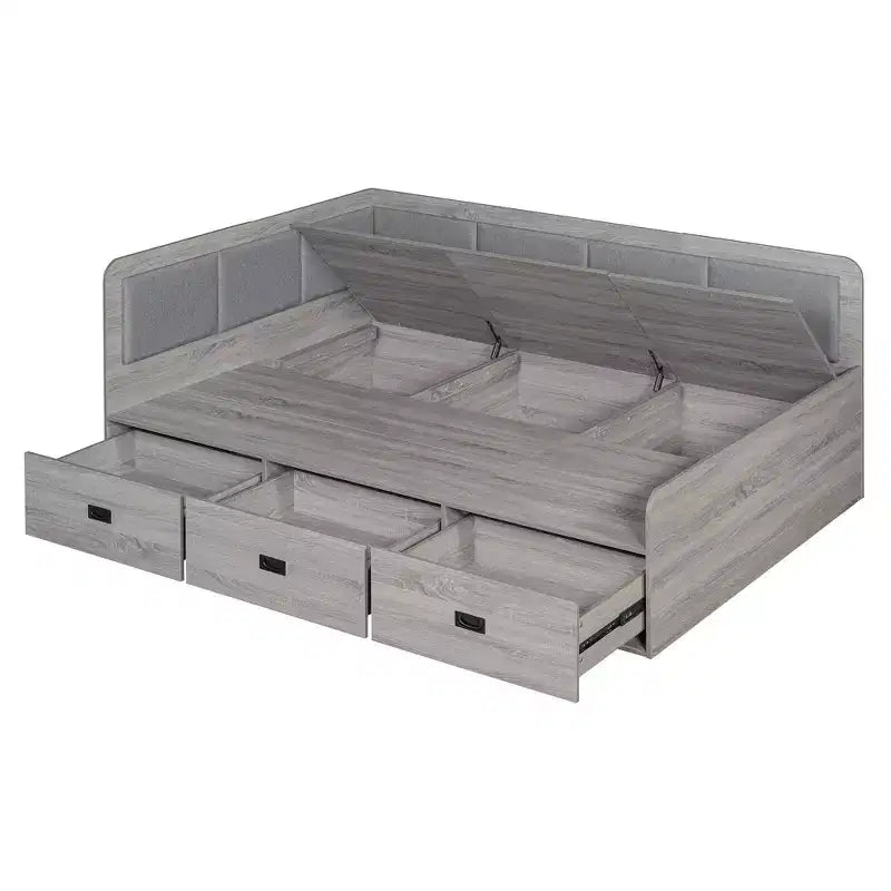 Full Size L-Shaped Daybed with Storage, Upholstered Backrest, 3 Drawers & Shelves, Sofa Bed for Living Room or Bedroom, Grey