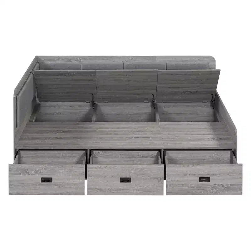Full Size L-Shaped Daybed with Storage, Upholstered Backrest, 3 Drawers & Shelves, Sofa Bed for Living Room or Bedroom, Grey
