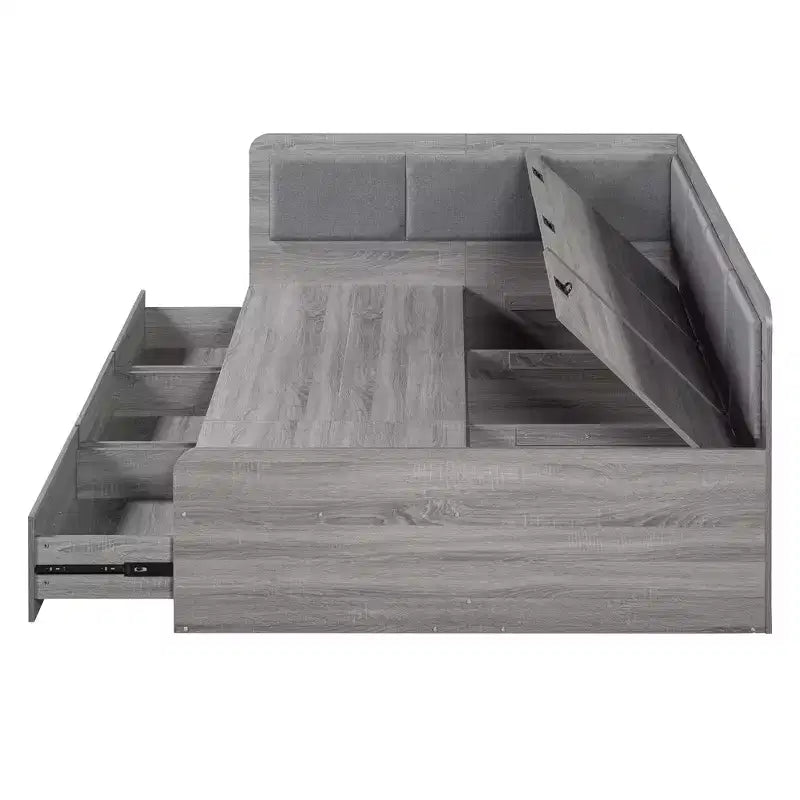 Full Size L-Shaped Daybed with Storage, Upholstered Backrest, 3 Drawers & Shelves, Sofa Bed for Living Room or Bedroom, Grey