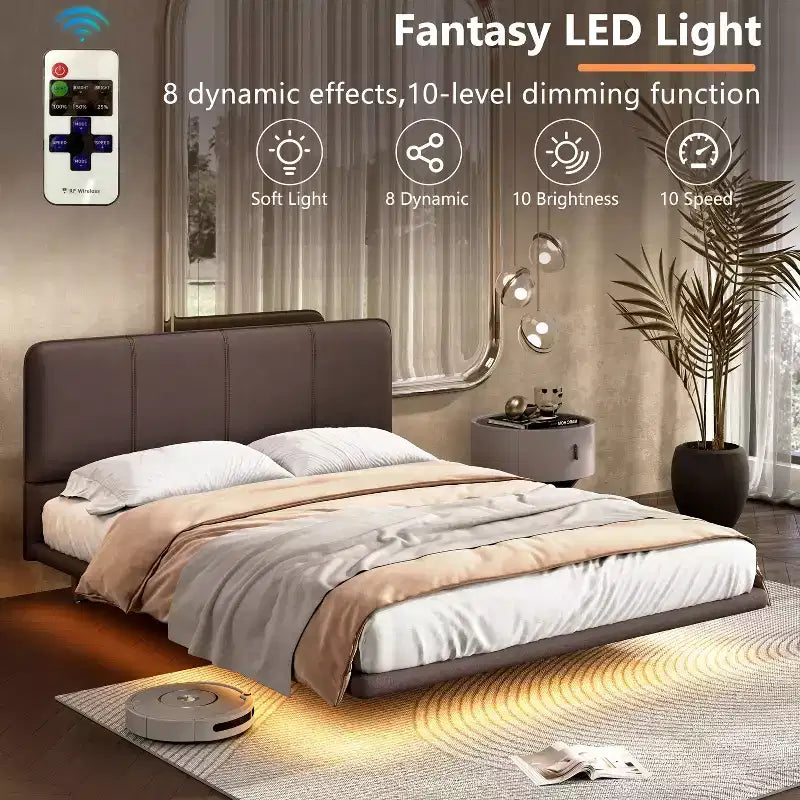 Full/Queen Size Platform Bed Frame with PU Leather Upholstery and LED Light