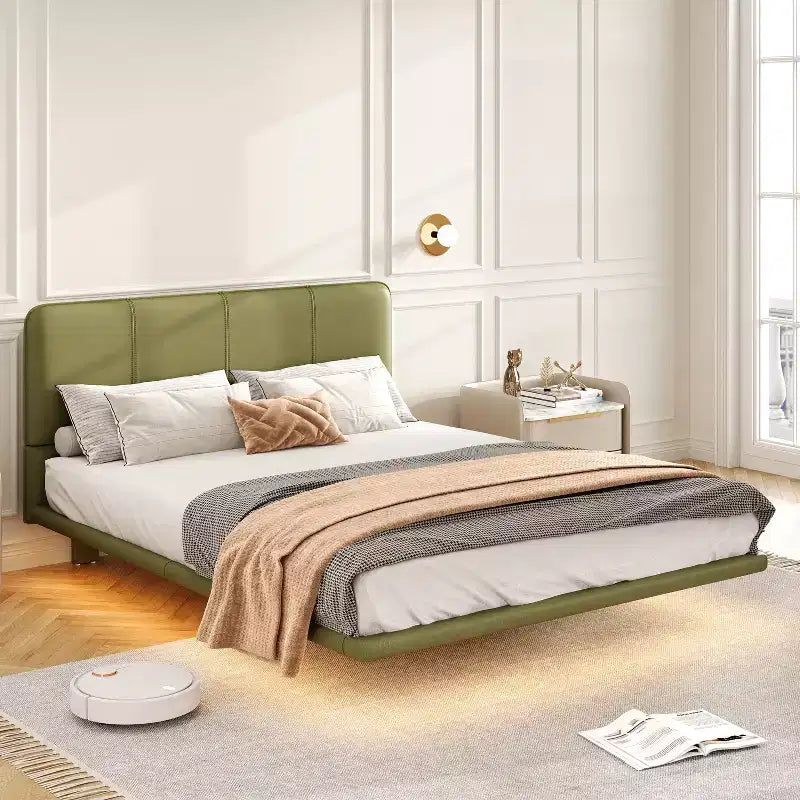 Full/Queen Size Platform Bed Frame with PU Leather Upholstery and LED Light