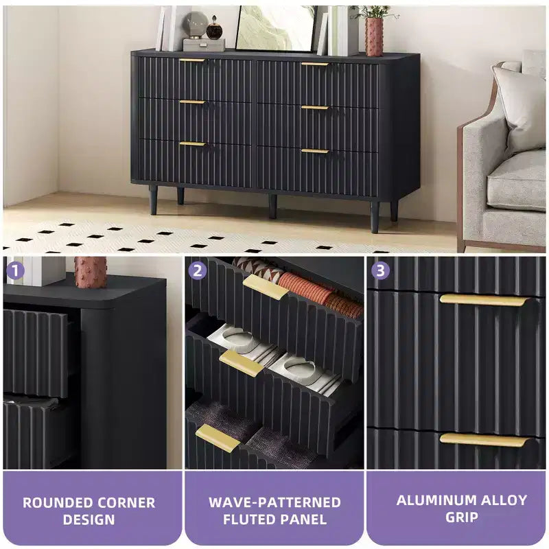 6-Drawer Wood Dresser with Fluted Panel Design