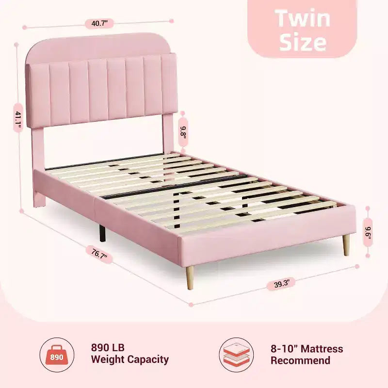 Pink Velvet Upholstered Bed with Bookcase Headboard
