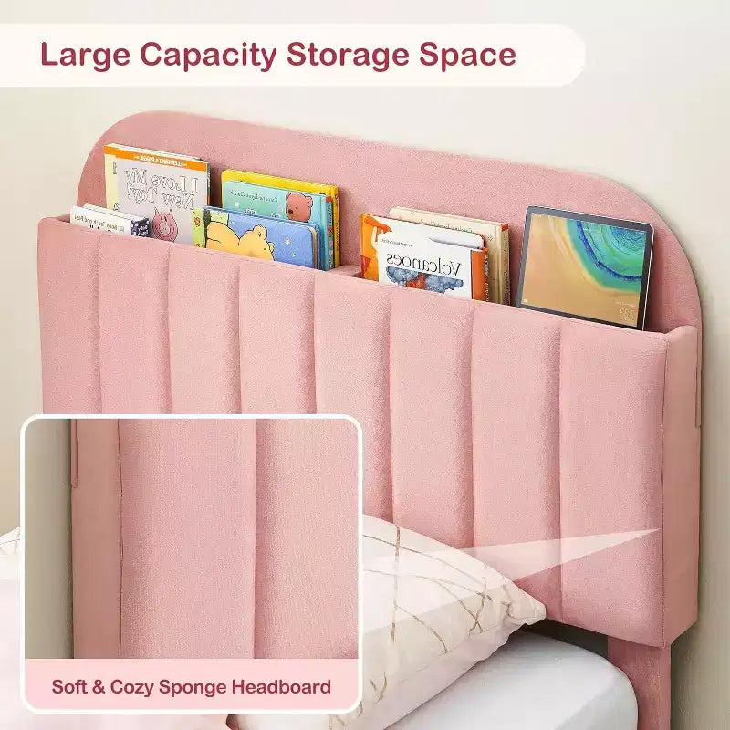 Pink Velvet Upholstered Bed with Bookcase Headboard