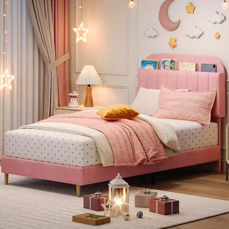 Pink Velvet Upholstered Bed with Bookcase Headboard