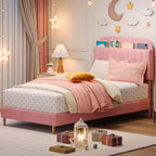 Pink Velvet Upholstered Bed with Bookcase Headboard