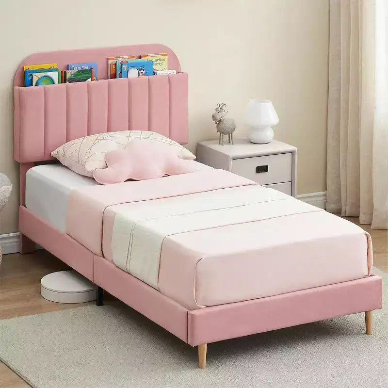 Pink Velvet Upholstered Bed with Bookcase Headboard