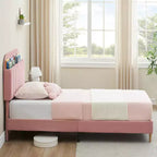 Pink Velvet Upholstered Bed with Bookcase Headboard