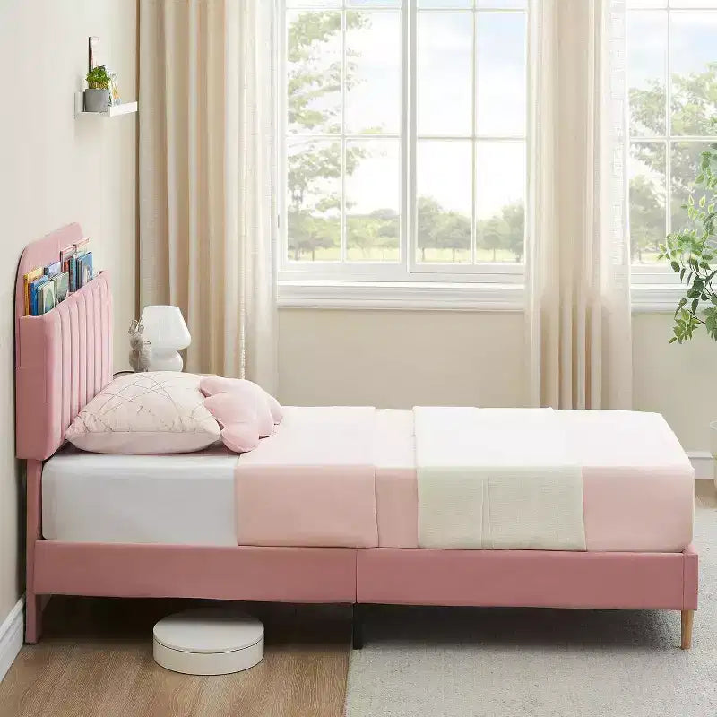 Pink Velvet Upholstered Bed with Bookcase Headboard
