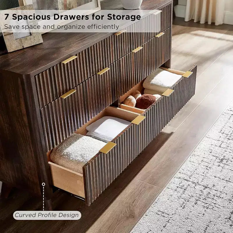 7-Drawer Fluted Dresser with Faux Marble Top