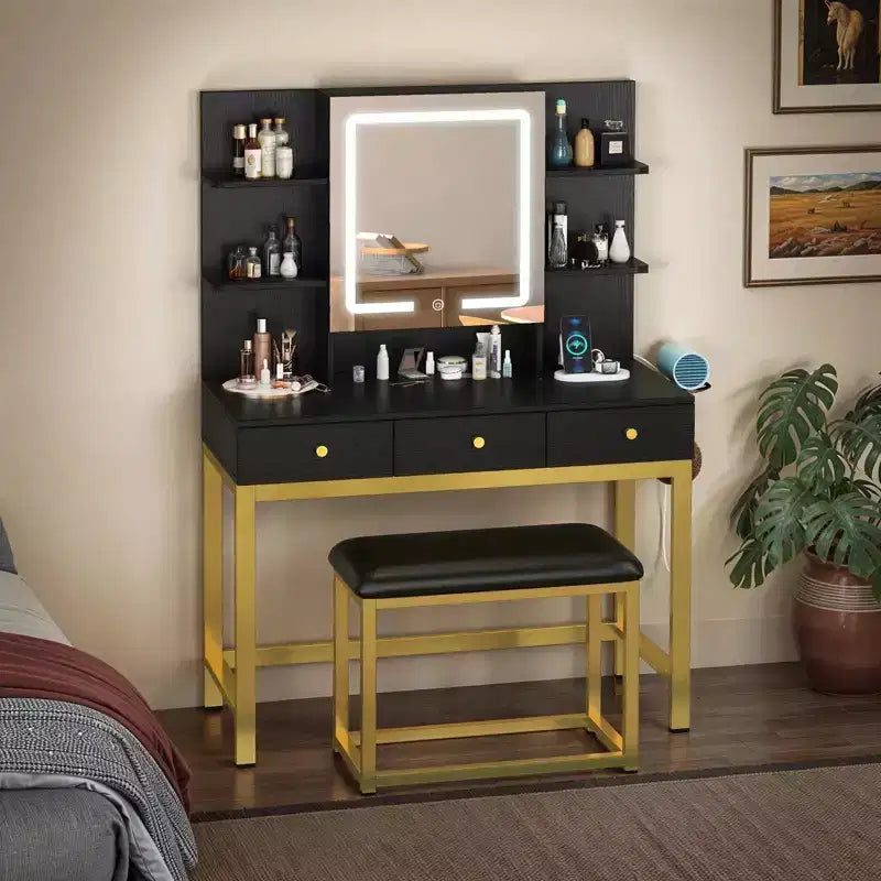 Black Vanity Table with LED Mirror, Drawers and Built-In Charging Station