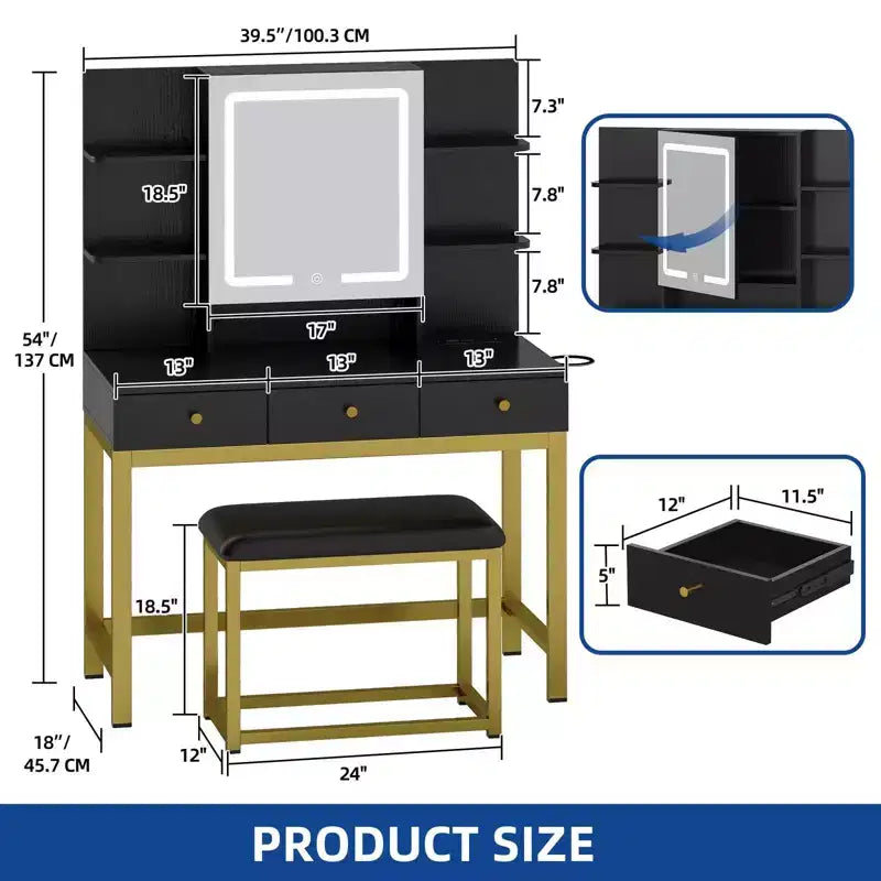 Black Vanity Table with LED Mirror, Drawers and Built-In Charging Station