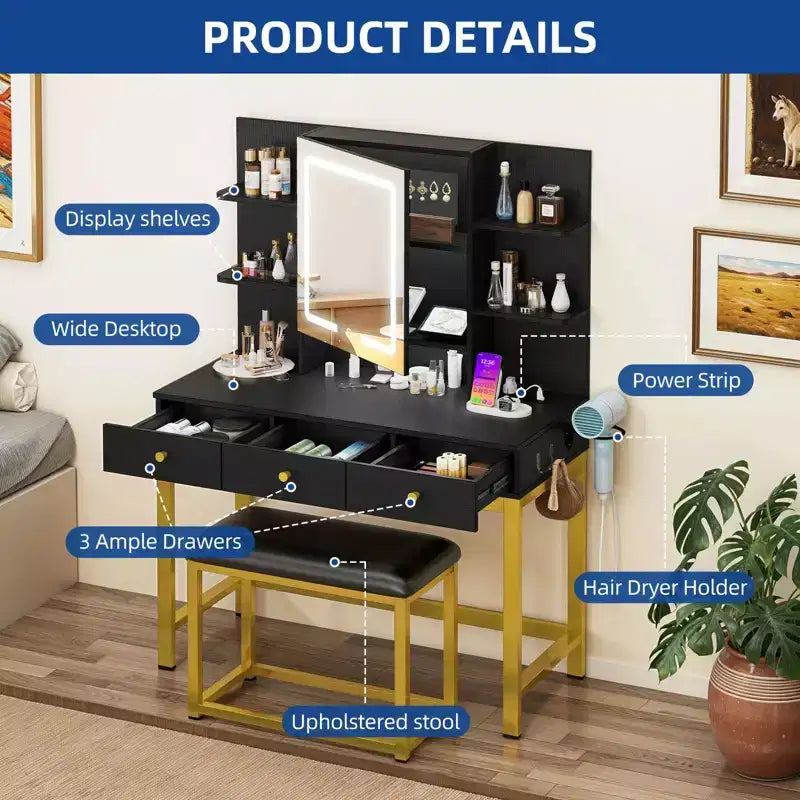 Black Vanity Table with LED Mirror, Drawers and Built-In Charging Station