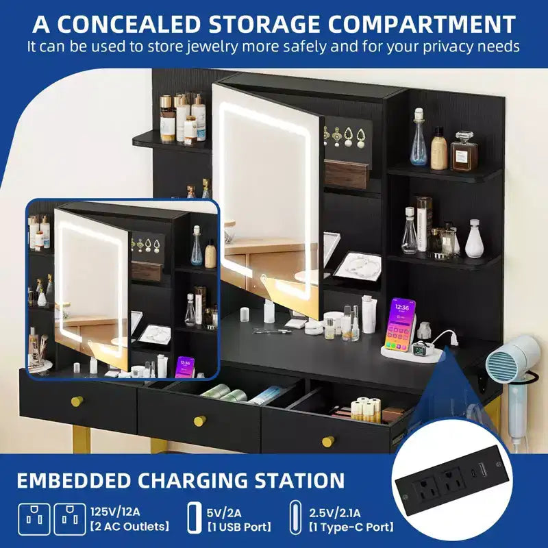 Black Vanity Table with LED Mirror, Drawers and Built-In Charging Station