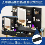 Black Vanity Table with LED Mirror, Drawers and Built-In Charging Station
