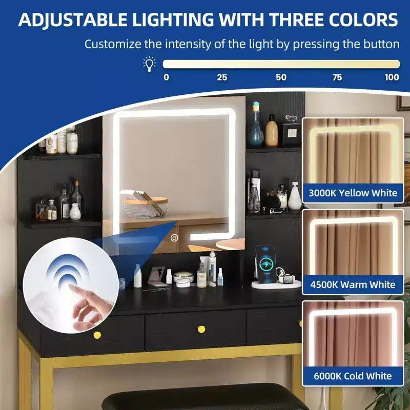 Black Vanity Table with LED Mirror, Drawers and Built-In Charging Station