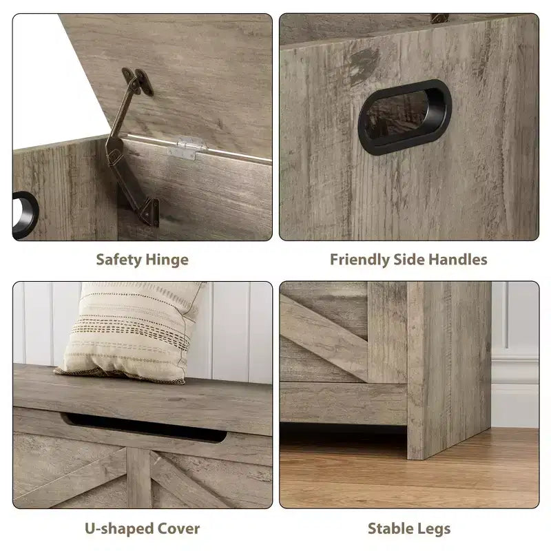 47-Inch Wooden Storage Bench with Flip-Top Lid and Safety Hinge