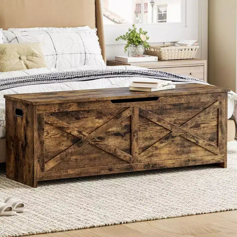 47-Inch Wooden Storage Bench with Flip-Top Lid and Safety Hinge