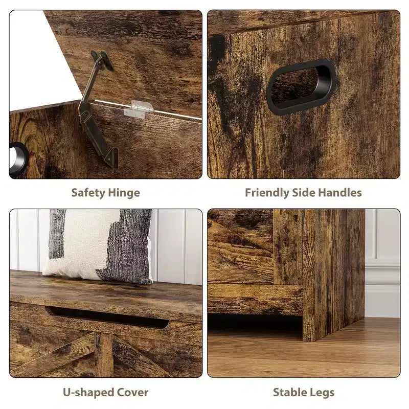 47-Inch Wooden Storage Bench with Flip-Top Lid and Safety Hinge