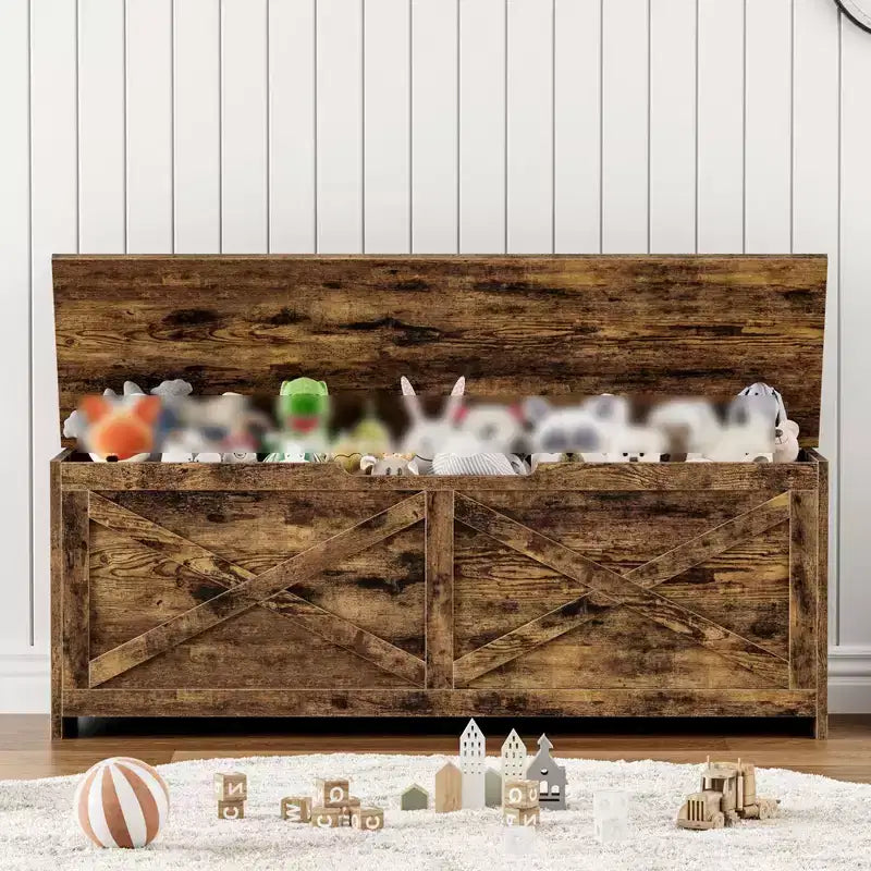 47-Inch Wooden Storage Bench with Flip-Top Lid and Safety Hinge