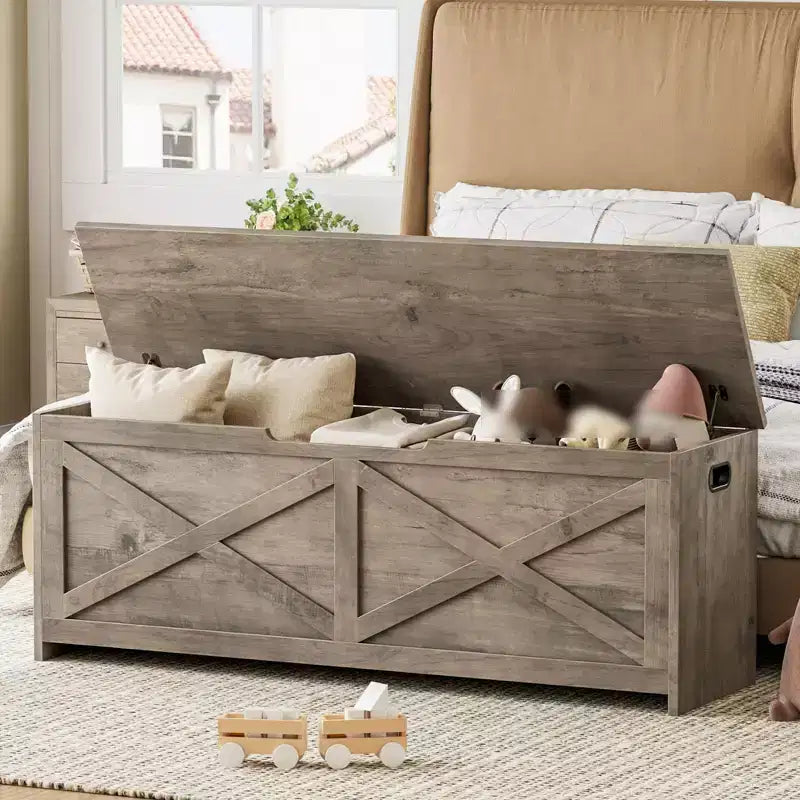 47-Inch Wooden Storage Bench with Flip-Top Lid and Safety Hinge