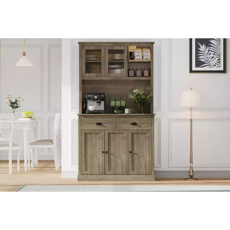 Tall Kitchen Pantry Cabinet with Doors & Drawer, Farmhouse Hutch with Microwave Stand