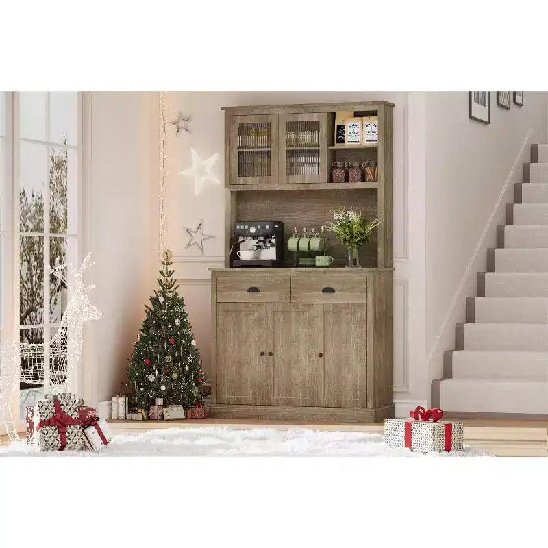 Tall Kitchen Pantry Cabinet with Doors & Drawer, Farmhouse Hutch with Microwave Stand
