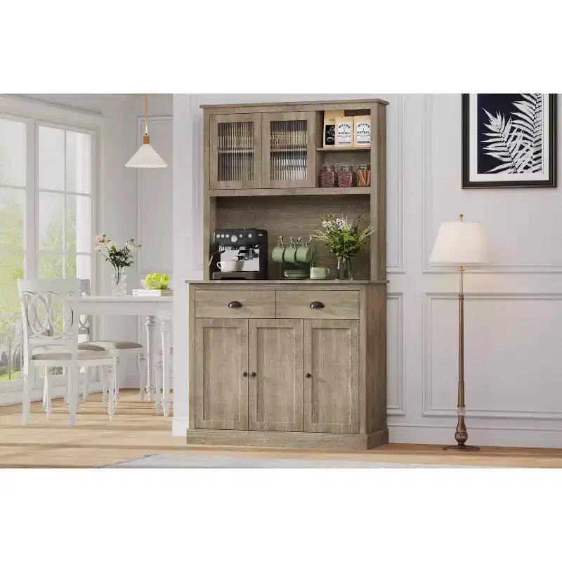 Tall Kitchen Pantry Cabinet with Doors & Drawer, Farmhouse Hutch with Microwave Stand