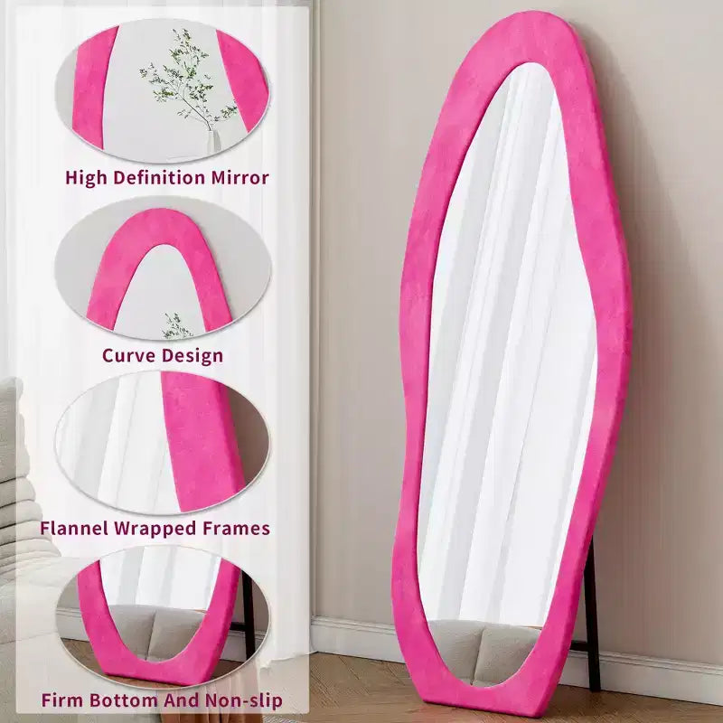63x24in Irregular Wavy Flannel Body Mirror, Wooden Frame Full Length Mirror with Stand, Wall Mirror for Dressing Room, Living Room