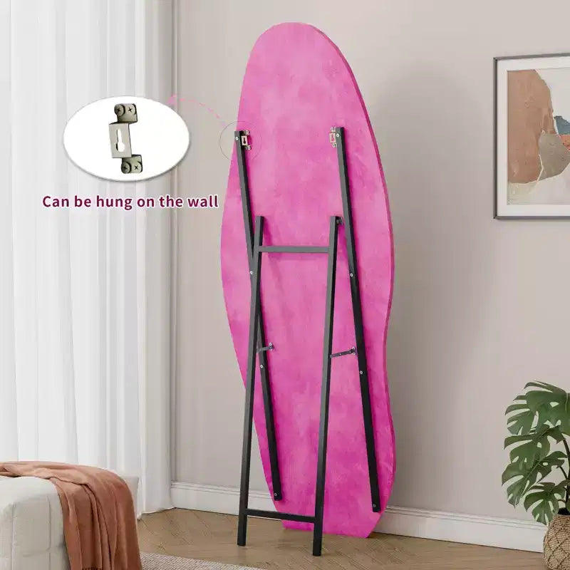 63x24in Irregular Wavy Flannel Body Mirror, Wooden Frame Full Length Mirror with Stand, Wall Mirror for Dressing Room, Living Room