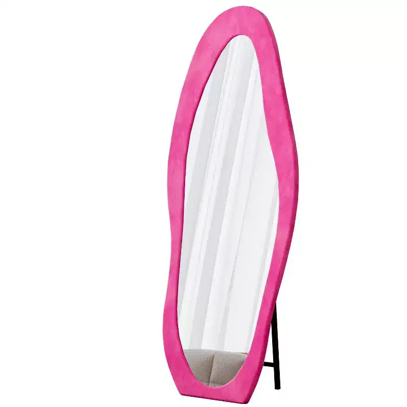 63x24in Irregular Wavy Flannel Body Mirror, Wooden Frame Full Length Mirror with Stand, Wall Mirror for Dressing Room, Living Room