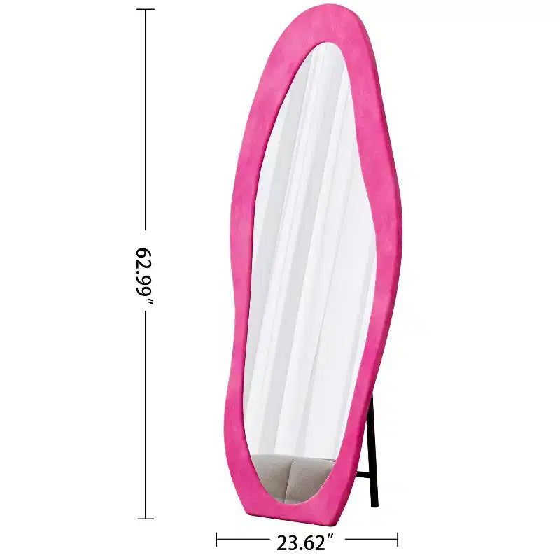 63x24in Irregular Wavy Flannel Body Mirror, Wooden Frame Full Length Mirror with Stand, Wall Mirror for Dressing Room, Living Room