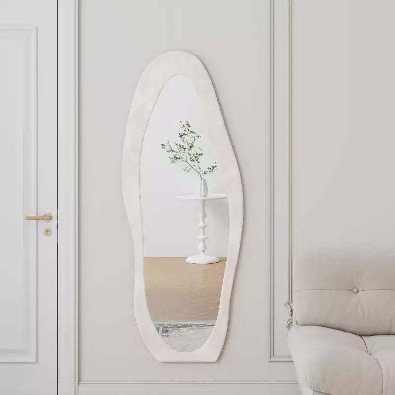 63x24in Irregular Wavy Flannel Body Mirror, Wooden Frame Full Length Mirror with Stand, Wall Mirror for Dressing Room, Living Room