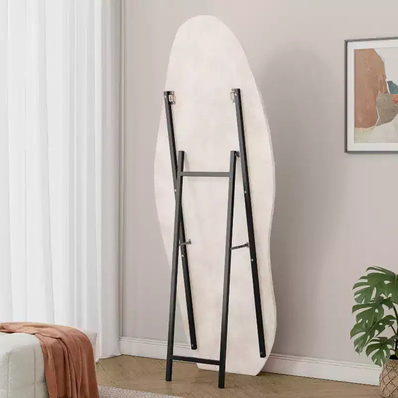 63x24in Irregular Wavy Flannel Body Mirror, Wooden Frame Full Length Mirror with Stand, Wall Mirror for Dressing Room, Living Room