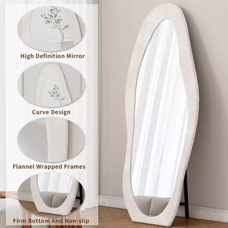 63x24in Irregular Wavy Flannel Body Mirror, Wooden Frame Full Length Mirror with Stand, Wall Mirror for Dressing Room, Living Room