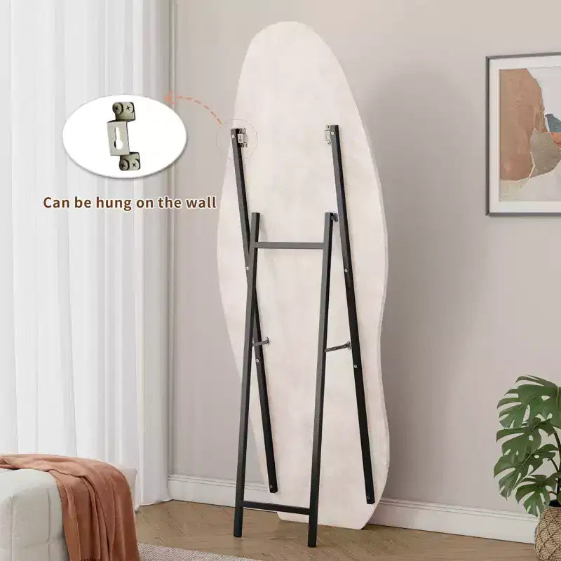 63x24in Irregular Wavy Flannel Body Mirror, Wooden Frame Full Length Mirror with Stand, Wall Mirror for Dressing Room, Living Room