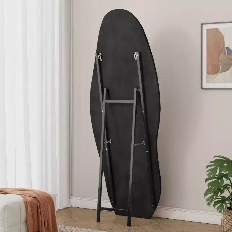 63x24in Irregular Wavy Flannel Body Mirror, Wooden Frame Full Length Mirror with Stand, Wall Mirror for Dressing Room, Living Room