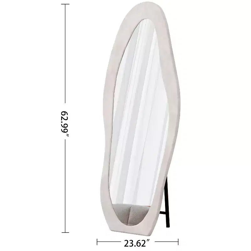 63x24in Irregular Wavy Flannel Body Mirror, Wooden Frame Full Length Mirror with Stand, Wall Mirror for Dressing Room, Living Room
