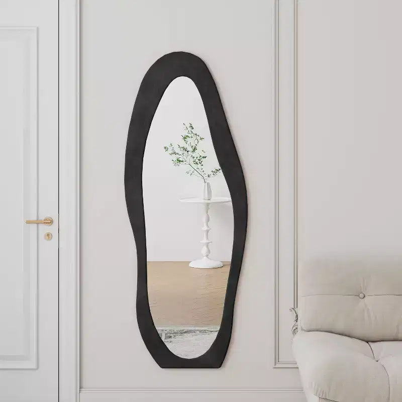 63x24in Irregular Wavy Flannel Body Mirror, Wooden Frame Full Length Mirror with Stand, Wall Mirror for Dressing Room, Living Room