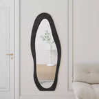 63x24in Irregular Wavy Flannel Body Mirror, Wooden Frame Full Length Mirror with Stand, Wall Mirror for Dressing Room, Living Room