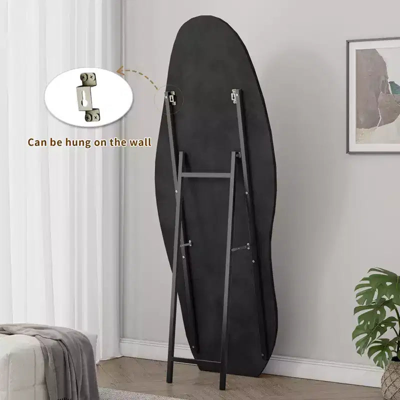 63x24in Irregular Wavy Flannel Body Mirror, Wooden Frame Full Length Mirror with Stand, Wall Mirror for Dressing Room, Living Room